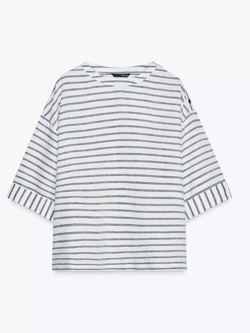 Zara Blue White Striped Linen Blend Top M Boat Neck Shoulder Button Boxy